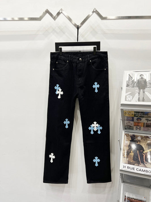 CH Baby Blue & Black Patchwork Custom Jeans